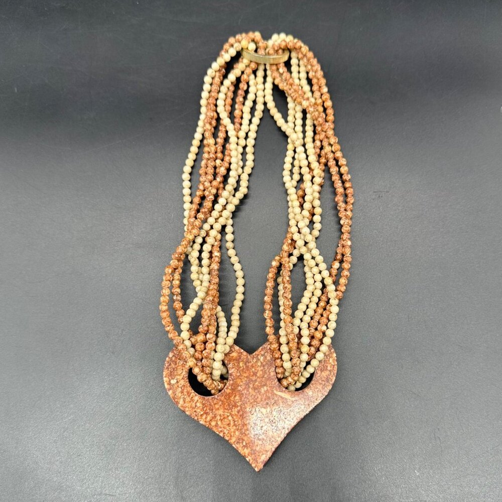 Vintage Stone Beaded Choker Necklace Heart Pendant Natural Earth Tone Southwest - Picture 4 of 9